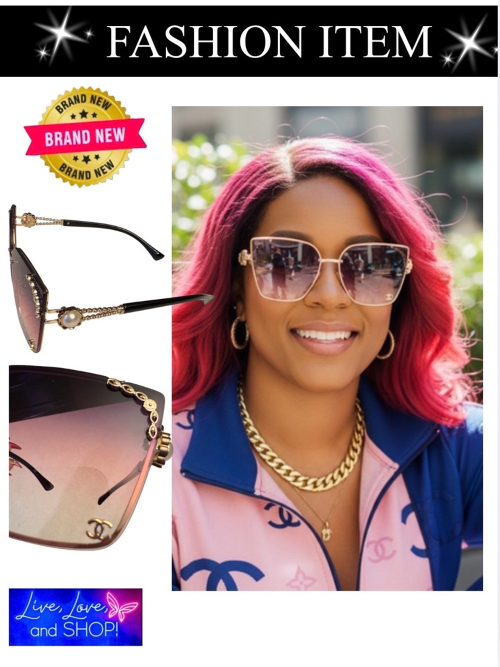 SUNGLASSES: Luxury Pink Ombré & Golden Gradient Oversized w/Monogram, NWOT